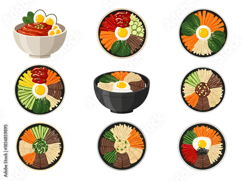 Assortment of Korean Bibimbap Dishes and Ingredients for Culinary Presentations