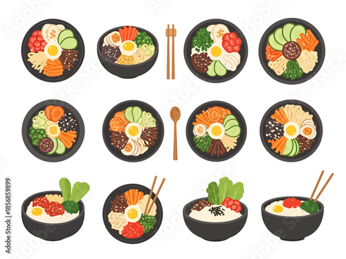 Assortment of Korean Bibimbap Bowls with Various Toppings and Utensils