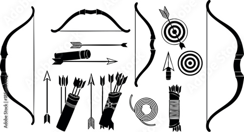 Archery equipment set with bows arrows targets and quivers black silhouette vector illustration