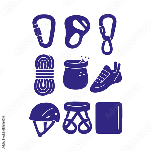 Modern rock climbing and mountaineering gear vector icons set for outdoor adventure