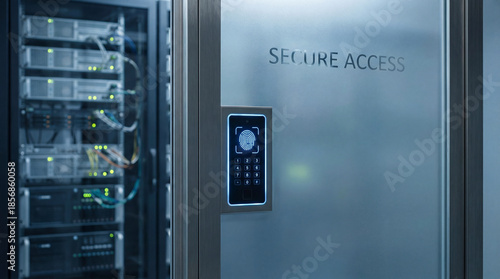 The server room door features a secure access system with a fingerprint scanner. Network servers hum behind the frosted glass, guarded by cutting-edge technology.