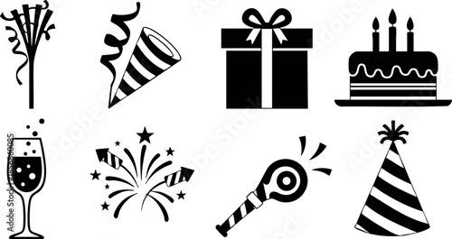Celebration party icons with gift cake champagne fireworks and hats vector illustration