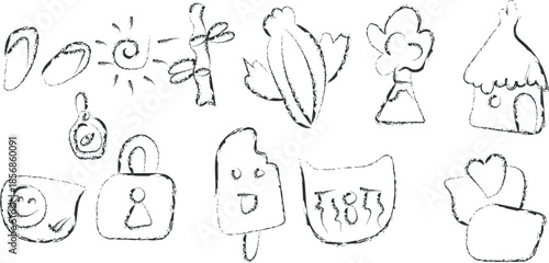 A collection of hand drawn sketches of various objects and symbols