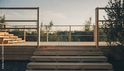 Wooden outdoor deck and stairs bathed in warm golden hour sunlight with blurred trees and vegetation in the background creating a serene natural ambiance