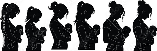 Mother holding baby silhouette sequence, breastfeeding and caring poses, maternal love concept, black vector illustration isolated on white background