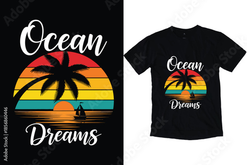 Ocean Dreams Retro Sunset Palm Tree Art, Vintage Tropical Beach Boat Vector Design Summer Vacation Typography T-Shirt Print