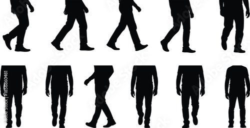 Set of male walking silhouette poses, human motion sequence, body movement study, black vector icons isolated on white background