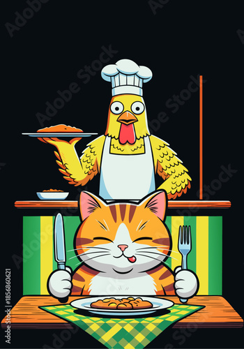 Funny cat eating meal served by chicken chef illustration vector