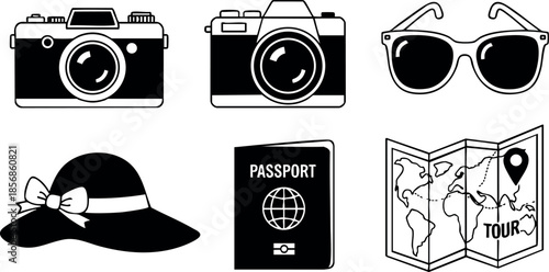 Travel essentials vector set with camera sunglasses hat passport and map icons for vacation and tourism design
