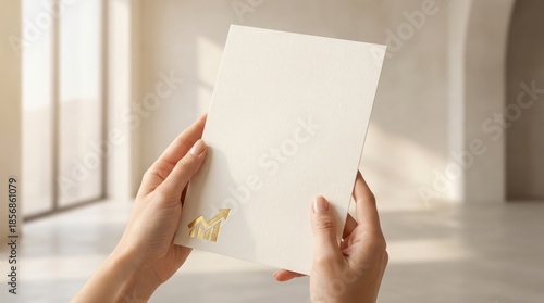 Hands holding blank paper with small house icon in bright interior