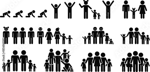 Family life stages silhouettes from baby to parents and seniors, black vector icon set showing relationships growth childcare and generations isolated on white