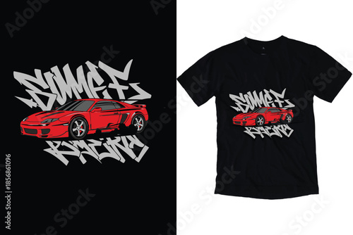 Red Sports Car Drifting Graffiti Art, Urban Street Racing Smoke Vector Design JDM Automotive Fashion T-Shirt Print