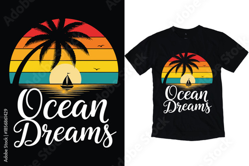 Ocean Dreams Retro Sunset Palm Tree Art, Vintage Tropical Beach Boat Vector Design Summer Vacation Typography T-Shirt Print