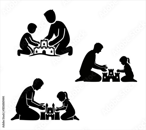 Adult and Child Building Sandcastle on Beach Silhouette Stick Figure