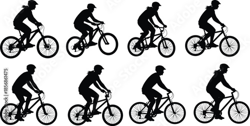 Silhouettes of cyclists riding bicycles in different poses, black vector illustration showing male bikers pedaling on mountain bikes isolated on white background