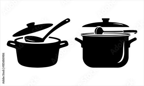 Cooking Pots and Ladles Silhouette Icons for Kitchenware Design