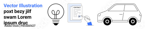 Business solutions, innovation, legal agreements, technology, transportation, creativity. Minimalist light bulb, signing a document and a compact car. Innovation and legal agreements concept