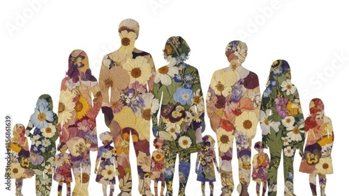 Silhouettes of diverse people with floral patterns showcasing unity and diversity