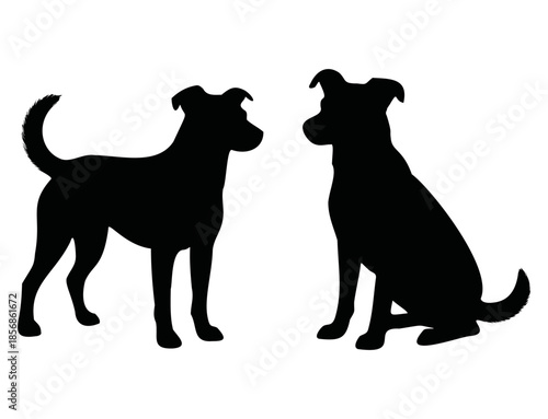 Silhouette of Two Black Mixed Breed Dogs, Minimal Canine Illustration