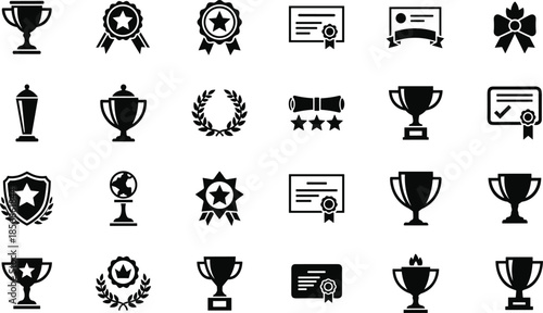 Awards, recognition, achievement, honor, excellence, trophy, medal, badge, certificate, icons set, flat vector illustration