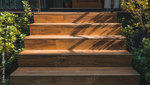 Warm Wooden Outdoor Stairs Ascend Through Lush Greenery Bathed in Golden Sunlight Creating Dramatic Shadows and a Welcoming Ambiance