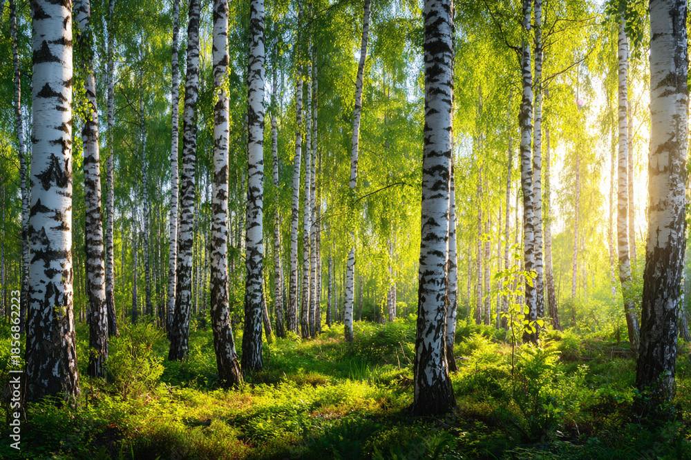 Obraz premium sunlit birch forest with lush green foliage and dappled light