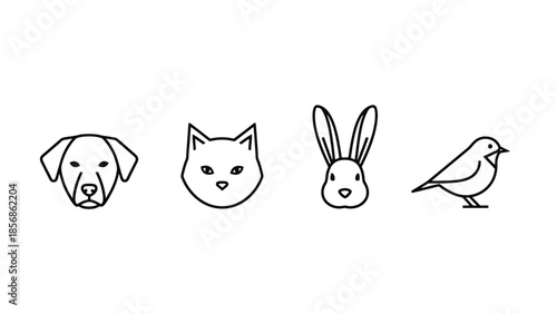 Set of minimalist line art icons depicting common domestic pet faces dog cat rabbit and bird