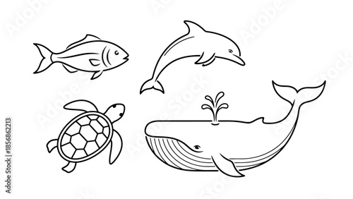 Whimsical Outline Aquatic Life Collection Fish Dolphin Sea Turtle and Whale Icons Isolated on White Background