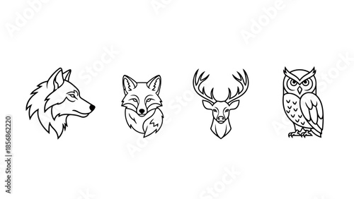 Set of Four Stylized Woodland Animal Icons Wolf Fox Deer Owl