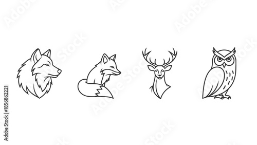 Animal Icons Collection Wolf Fox Deer Head and Owl Line Art for Nature Themes