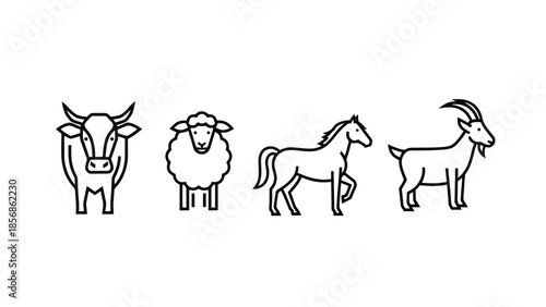 Farm Animal Icons Set Livestock and Equine Line Art Collection