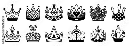 Black line crown icon vector set, outline elegant award signs. Monochrome royal prince and princess authority cliparts, luxury king and queen aristocracy pictograms with editable stroke