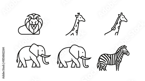 Safari Wildlife Icon Set Lion Elephants Giraffes Zebra Line Art Collection