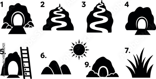 Cave entrance and mountain silhouette icons set with sun and grass vector symbols for nature design