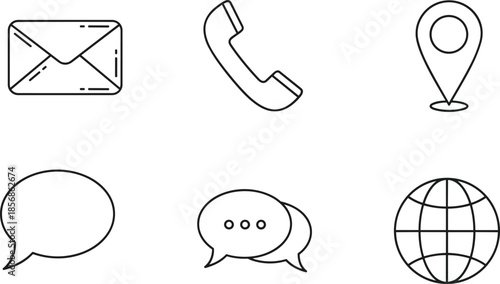 Communication, contact, messaging, email, phone, location, icons set, flat vector illustration, line style, connectivity
