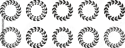 Set of black circular laurels branches. laurel wreath, gold wreaths award, achievement, heraldry, award laurel wreaths. Silhouette laurel wreath. Heraldic trophy crest, Greek and Roman olive branch.