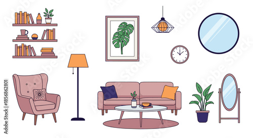 Modern living room interior design collection with stylish sofa, armchair, coffee table, and various home decor elements.