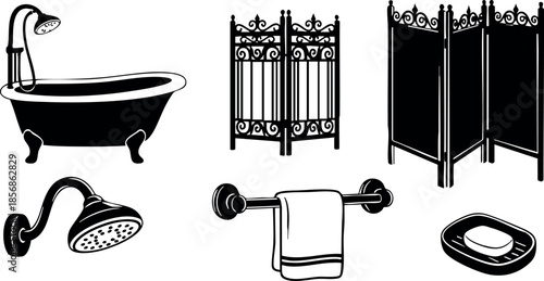 Vintage bathroom fixtures with clawfoot bathtub, ornate gate, folding screen, showerhead, towel rack, and soap dish vector illustration