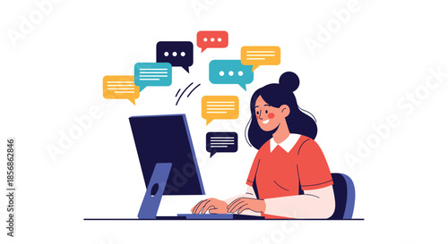 Young woman sitting at her desk and working on a computer while many message notification bubbles float around her head.