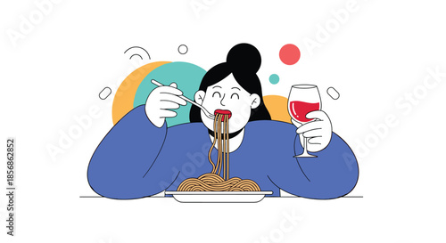 Happy young woman enjoying a plate of delicious spaghetti pasta and holding a glass of red wine at a dinner party.