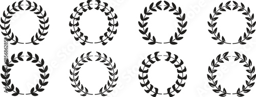 Set of black circular laurels branches. laurel wreath, gold wreaths award, achievement, heraldry, award laurel wreaths. Silhouette laurel wreath. Heraldic trophy crest, Greek and Roman olive branch.