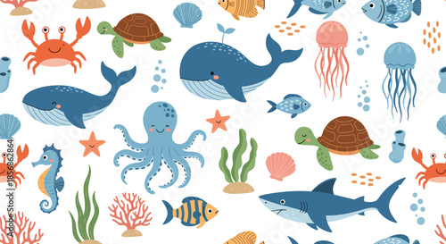 Underwater sea life pattern with whales, octopuses, crabs, and colorful fish creates a playful marine atmosphere for children.
