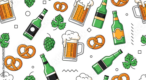 Oktoberfest celebration pattern with beer mugs, glass bottles, pretzels, and hop flowers for festive bar and pub decorations.