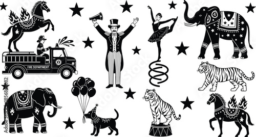 Vintage circus animal illustration set, elephants tiger zebra horse performing tricks with stars, retro carnival show vector collection isolated on white