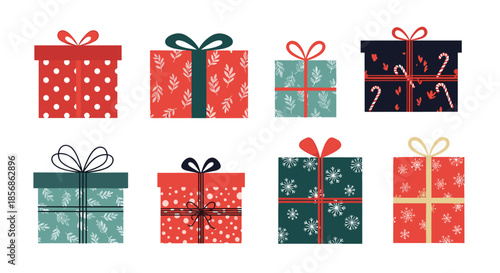 Set of colorful christmas gift boxes with various patterns, ribbons, and bows for holiday celebration and festive presents.
