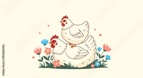 Two cute white chickens sitting among colorful flowers and green grass on a light yellow background for farm animal themes.