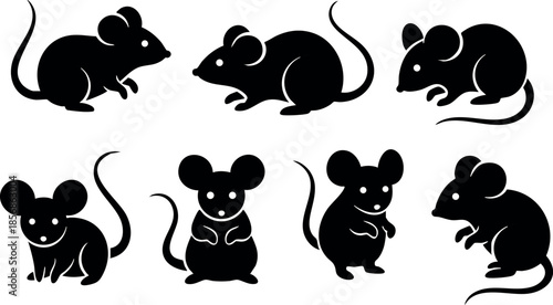 Black silhouette mouse vector set with different poses and positions for design and decoration purposes