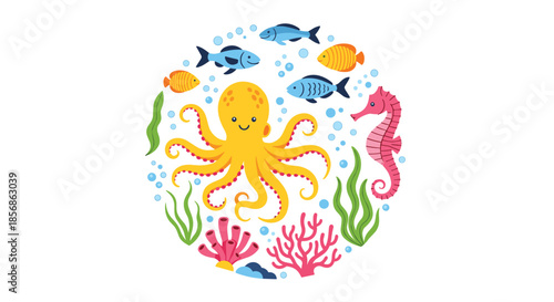Ocean animals circle composition with a happy yellow octopus, seahorse, fish, and coral for marine life and sea discovery themes.