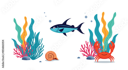 Underwater scene with a blue tuna fish swimming between colorful coral reefs, seaweed, a crab, and a seashell on white background.