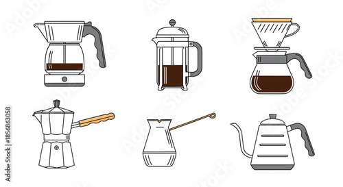 Professional coffee brewing equipment set including moka pot, french press, drip coffee maker, and kettle for cafe culture lovers.